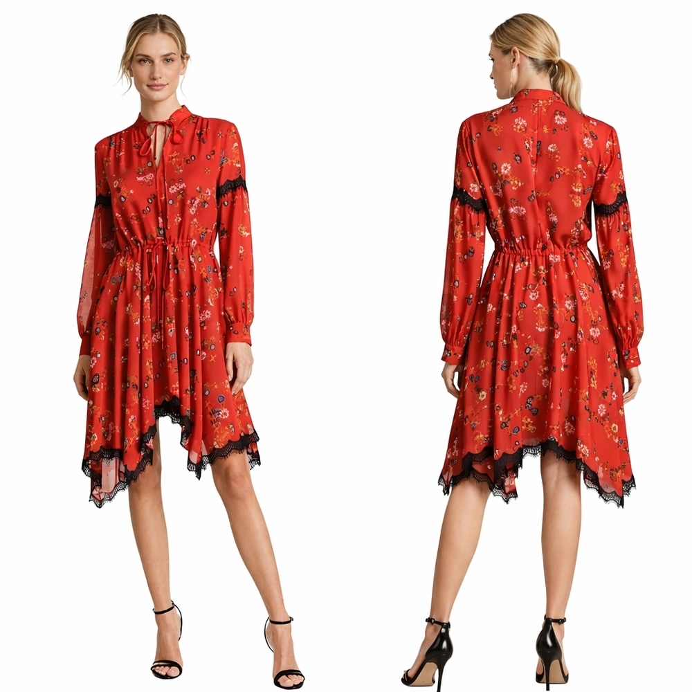 Derek Lam 10 Crosby Silk Floral Dress Chili Red Black Lace Tie Waist Size 8
